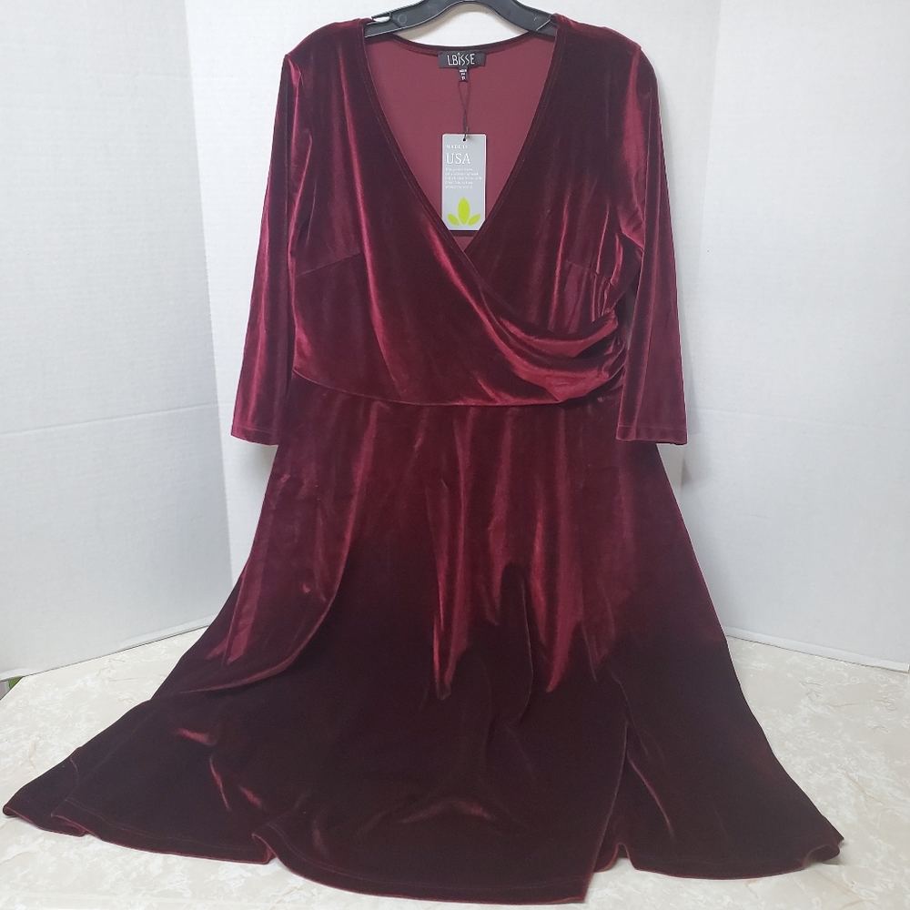 LBISSE 1X Women's Surplice Dark Red Velour Dress New NWT Made in USA